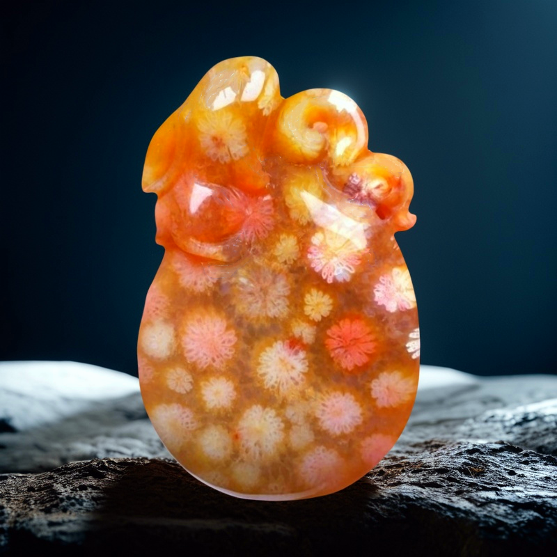 精品印尼天然珊瑚玉吊坠冰透彩花原创设计抱抱兔雕刻挂件女士礼品