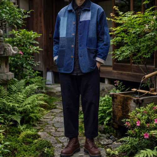 日系蓝染古布拼接BORO工装夹克