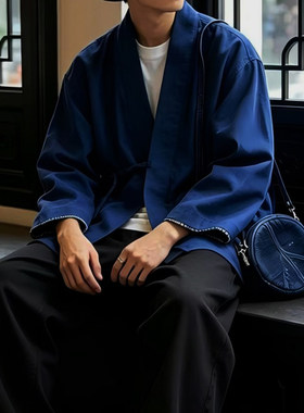 日系蓝染九分袖宽松道袍外套