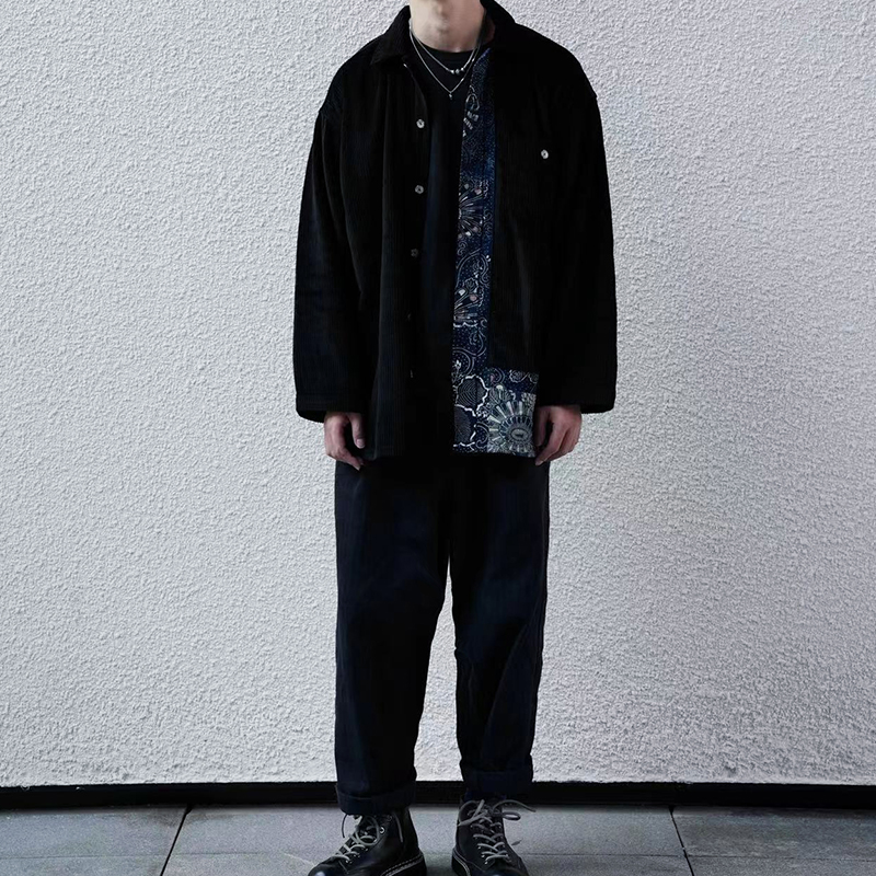 日系复古做旧蓝染古布拼接衬衫