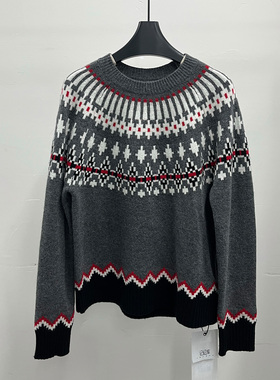 费尔岛风提花羊绒毛衣女圆领撞色针织衫复古灰色1D-3AM016976K