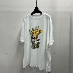 休闲风卡通印花圆领短袖毛衫男女同款宽松白色针织衫2C-3AT017660