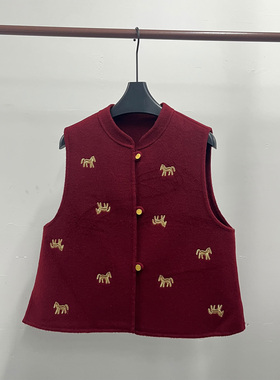 中式立领单排扣小马刺绣红色马甲女国风盘扣保暖1D-3AY016980K