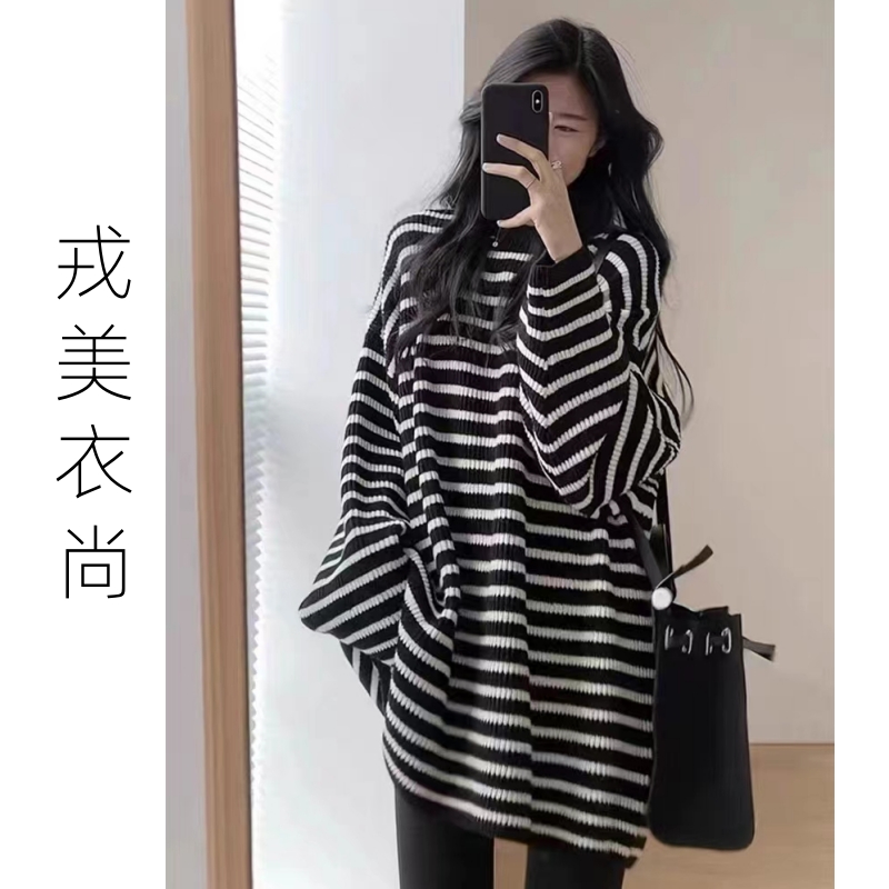 戎美衣尚复古羊毛条纹针织衫女2025秋冬宽松圆领慵懒风中长款毛衣