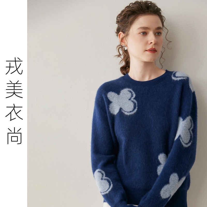 戎美衣尚羊绒衫花朵秋冬加厚毛衣圆领套头针织打底亲肤减龄高级感