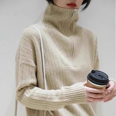 【断码清仓】戎美衣尚半开拉链高领羊绒羊毛衫女慵懒加厚针织打底