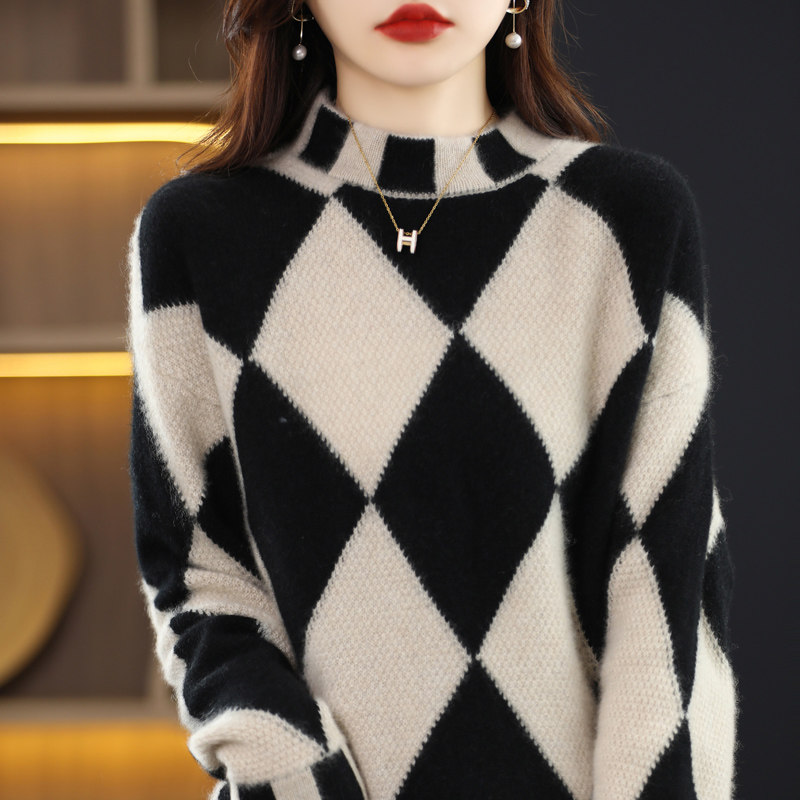 【品质货】戎美衣尚撞色菱形格羊绒羊毛衫女半高领毛衣宽松打底,女装/女士精品,毛针织衫,淘宝优惠券,粉丝福利购,淘宝优惠卷
