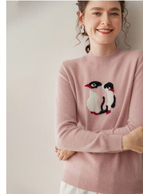戎美衣尚圆领山羊绒衫女卡通企鹅提花针织打底衫宽松薄款套头毛衣