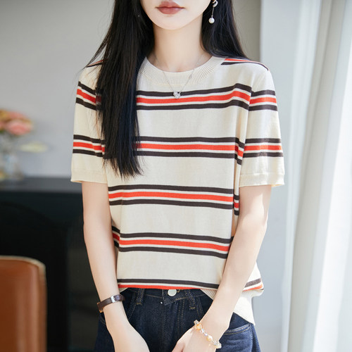 戎美衣尚纯棉线春秋冬新款条纹圆领打底衫女修身短袖内搭t恤半袖