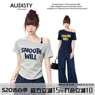 AUDISTY美式假两件斜领露肩纯棉短袖t恤女夏辣妹字母印花修身上衣