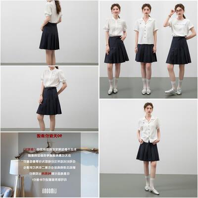 Limoonli 通勤百搭藏青色百褶中裙半身裙遮胯显瘦高腰A字裙夏