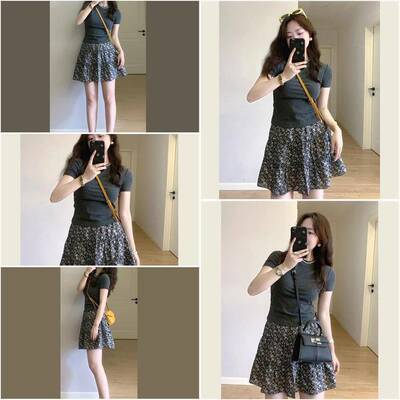 夏季减龄时尚穿搭一整套女纯色圆领修身T恤碎花蛋糕半身裙两件套