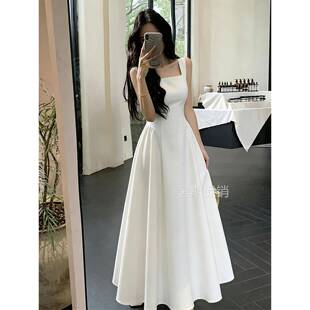 白色吊带连衣裙女夏季修身显瘦收腰a字轻礼服学士服内搭长款裙子