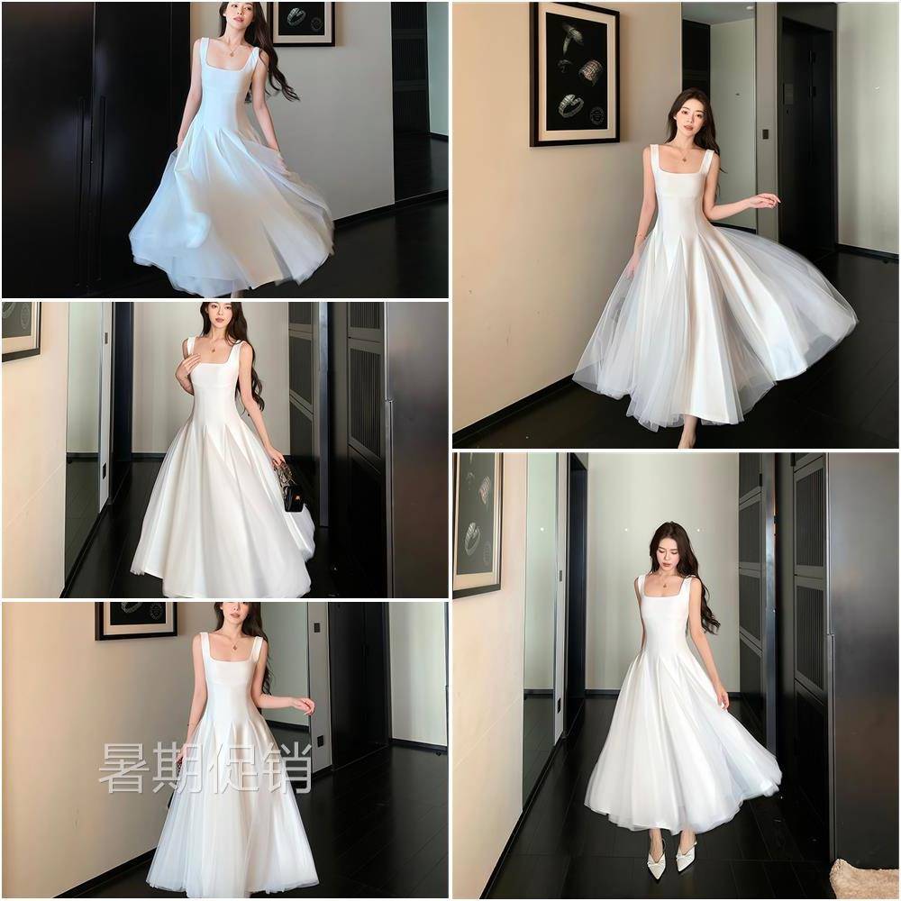 但你butyou 白色吊带洋装女网纱蓬蓬裙高级感生日订婚礼服长裙