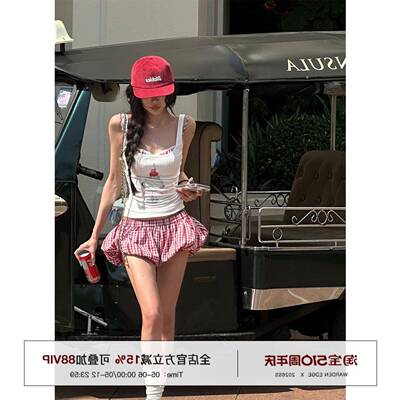 韩好甜WARDEN EDGE 低腰格子花苞裤女夏辣妹宽松显瘦休闲红色短裤