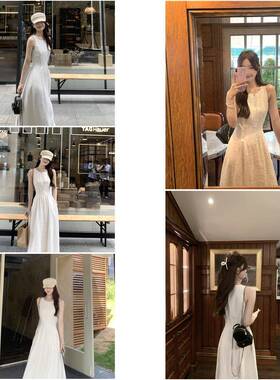 77store 白色天丝亚麻无袖洋装女2026夏季新款收腰长裙背心裙子