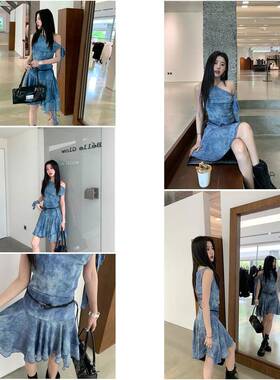 Joeyoo高级感不规则荷叶边蓝色洋装女夏设计感斜肩无袖收腰短裙