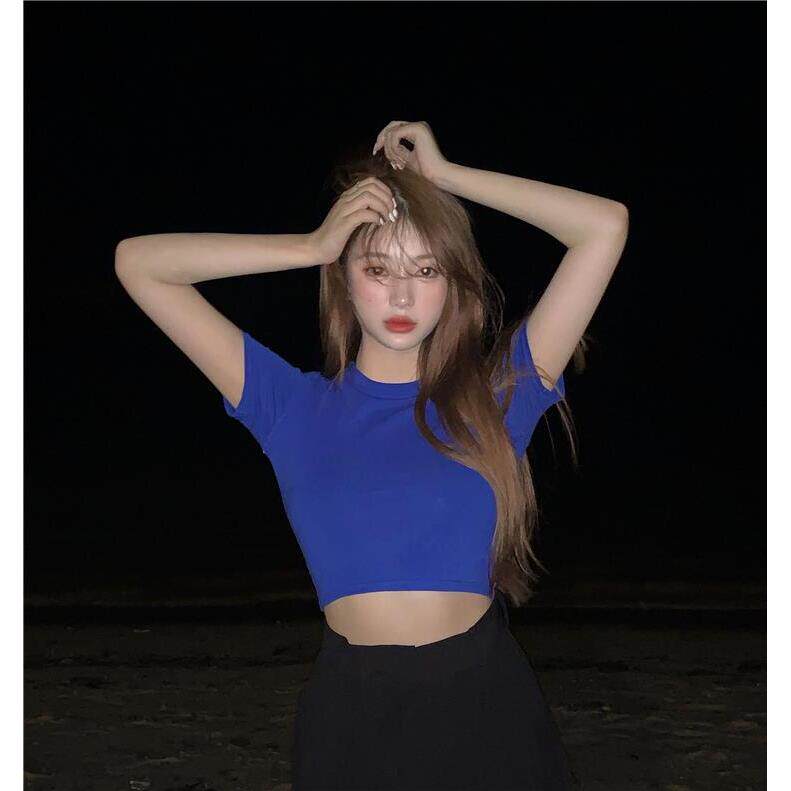 宝石蓝薄款爵士舞蹈女微透视纯色紧身弹力短袖t恤修身宝蓝色上衣