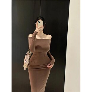 现货秒发~一字领露肩系带紧身包臀连衣裙女人味性感