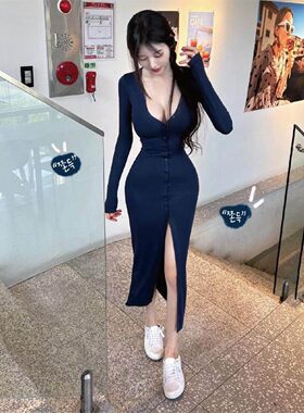 现货~显身材性感紧身连衣裙女春秋款包臀前开叉长裙