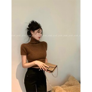 韩版显瘦辣妹高领短袖针织打底衫女秋冬新款短款修身毛衣上衣内搭