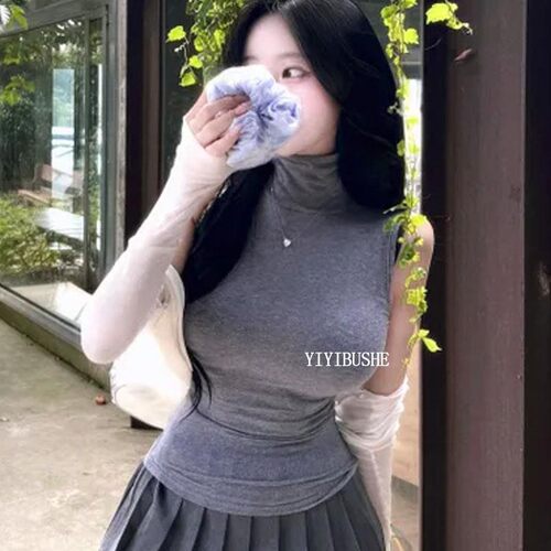 当天发  LD217 性感显胸大~亲肤高领紧身微透无袖T恤