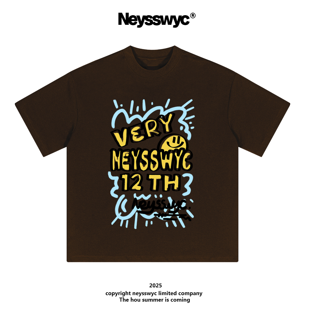 NEYSSWYC 【涂鸦笑脸】彩色短袖T恤袖落肩宽松可爱