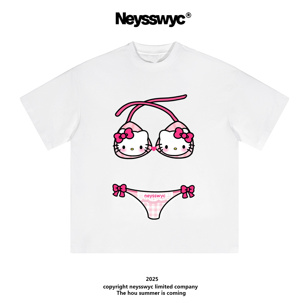 NEYSSWYC 趣味比基尼白色可爱卡通短袖T恤粉夏季宽松小众不撞衫