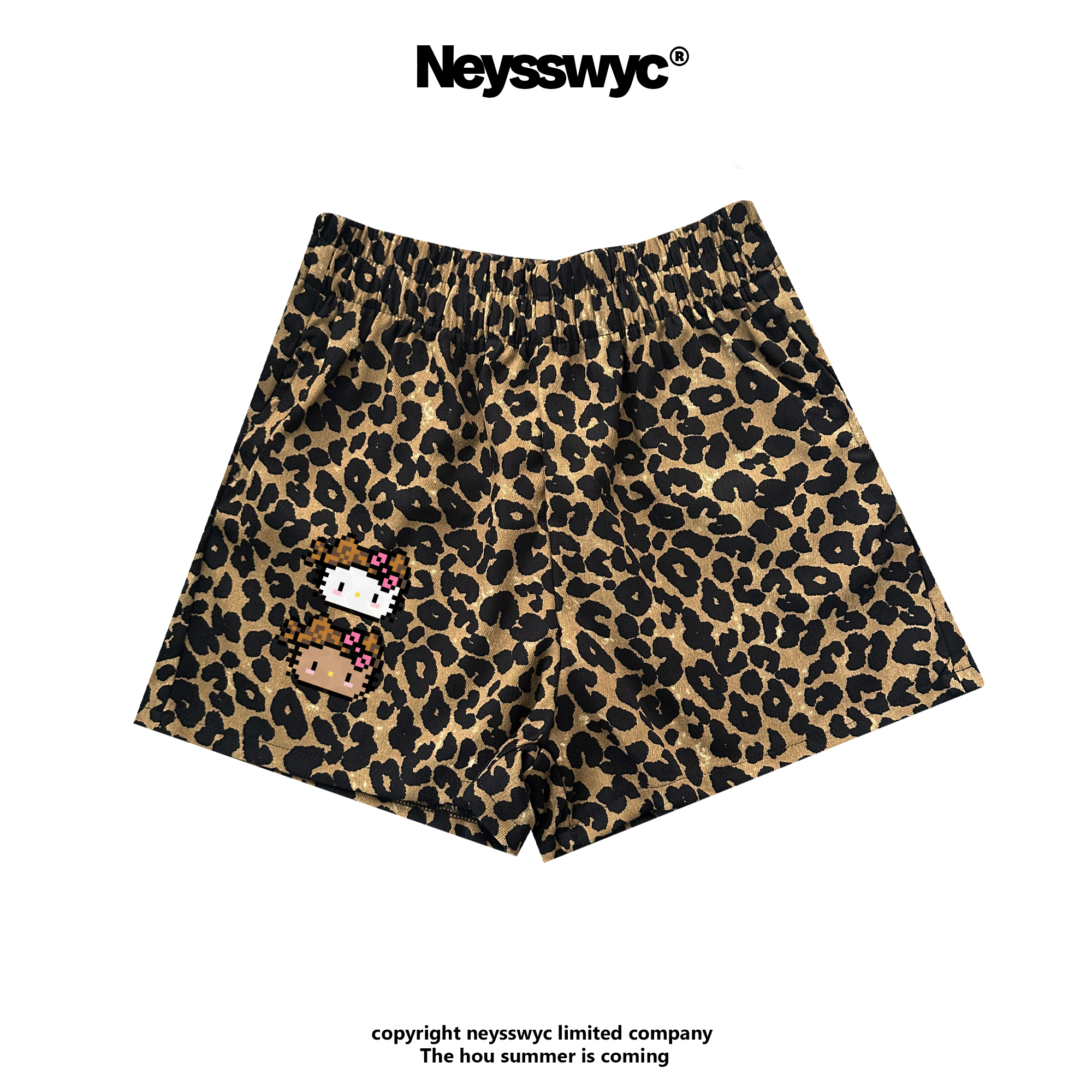 NEYSSWYC 豹纹休闲短裤宽松女三分裤KT外穿夏猫咪卡通松紧腰显瘦