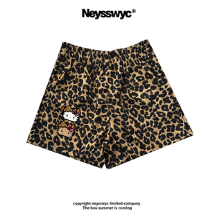 NEYSSWYC KT外穿夏猫咪卡通松紧腰显瘦 豹纹休闲短裤 宽松女三分裤