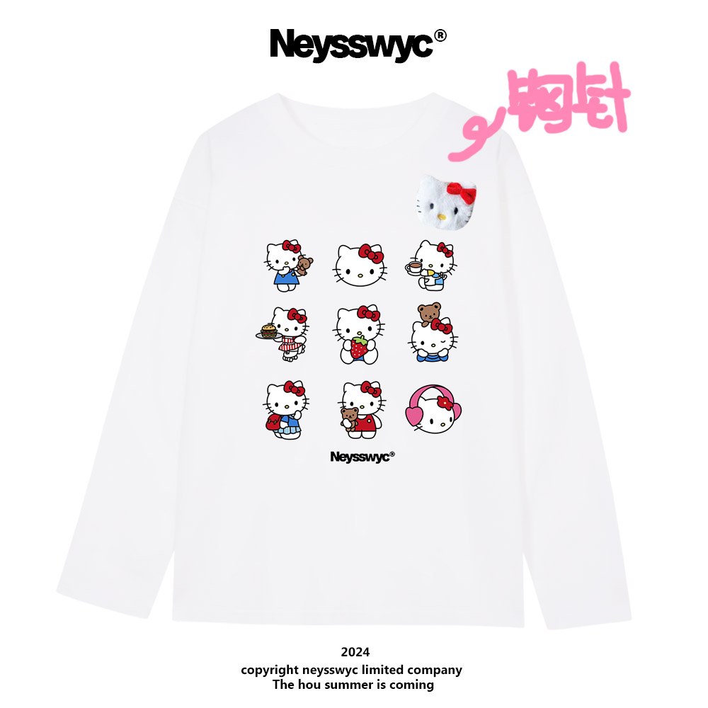 NEYSSWYC 九宫格卡通KT动漫长袖T恤宽松百搭磨毛可爱小众情侣猫咪