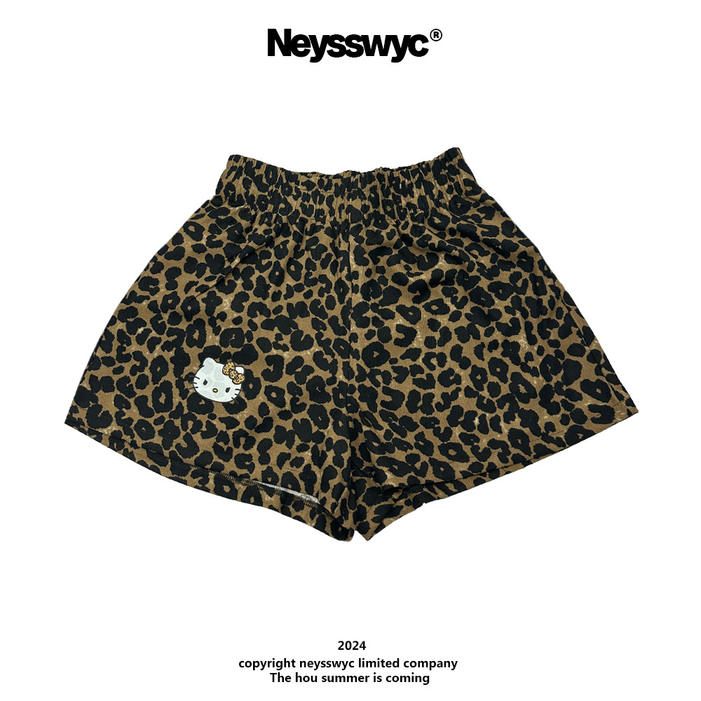 NEYSSWYC 豹纹休闲短裤宽松女三分裤KT外穿夏猫咪卡通松紧腰显瘦