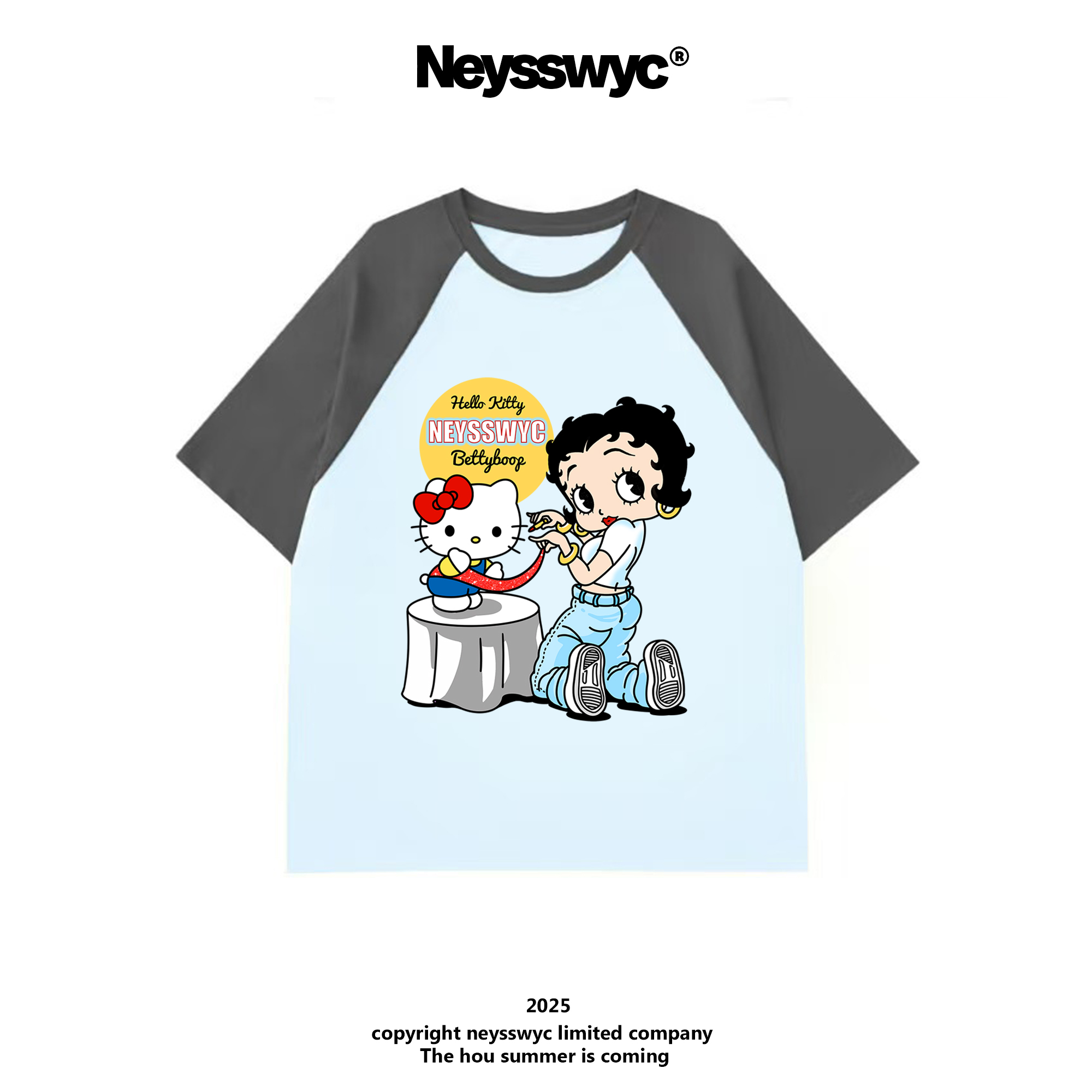 NEYSSWYC 插肩拼接创意男女可爱卡通短袖T恤夏季宽松小众不撞衫