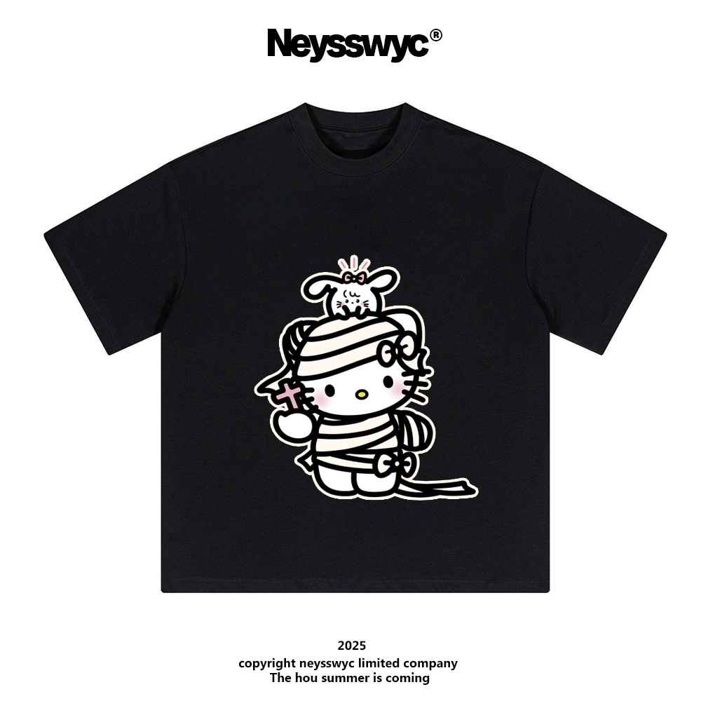 NEYSSWYC 【木乃伊】趣味可爱卡通短袖T恤KT夏季薄款宽松小众黑色