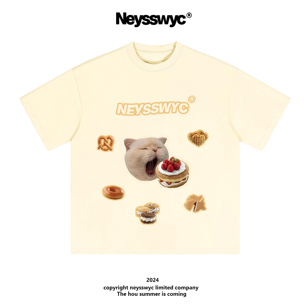 NEYSSWYC 【蛋糕猫猫】短袖T恤纯色圆领宽松百搭ins风情侣夏可爱