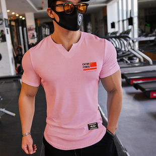 撸铁狼运动T恤V领短袖 肌肉训练运动 健身衣服教练紧身衣弹力男款