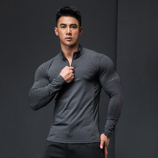 运动T恤修身 长袖 立领休闲 健身训练吸汗速干衣弹力男士 撸铁狼秋季