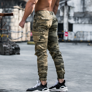 休闲健身九分束脚裤 弹力口袋工装 修身 撸铁狼肌肉训练男运动迷彩裤