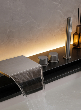 缸边式大流量瀑布龙头台上洗手盆冷热水明装瀑布花洒极简枪灰色