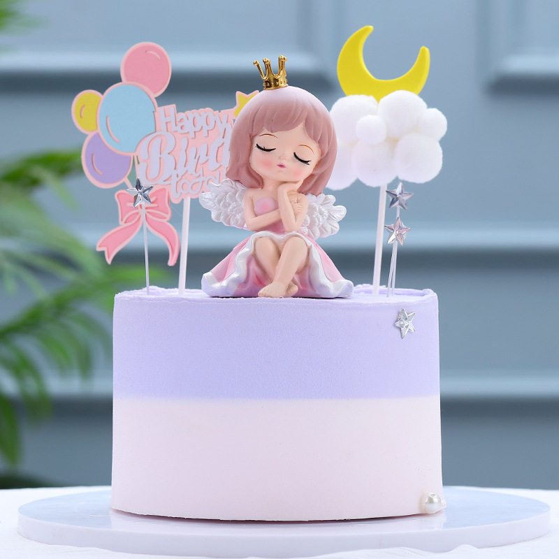 可爱系温柔甜美风露娜天使生日蛋糕装饰气球月亮套装烘焙树脂摆件