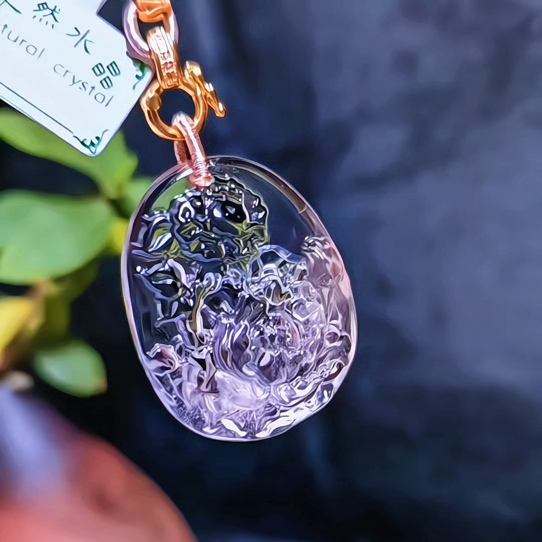 《正品原矿雕刻》天然白水晶牡丹花花开富贵吊坠项链毛衣链送编绳