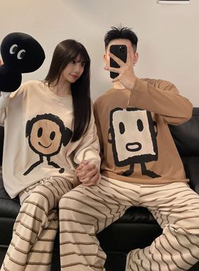 情侣春秋新款套头长袖长裤带胸垫简约可外穿睡衣家居服套装82710