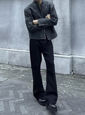 美式高街黑色直筒微喇牛仔裤男秋季新款显瘦潮流时尚百搭休闲裤子