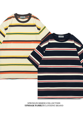 夏季潮牌日系复古条纹棉质短袖T恤男嘻哈宽松ins休闲上衣批发