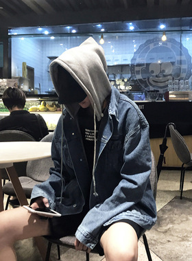 春秋季日系连帽夹克男士韩版宽松学生外套男潮流百搭帅气牛仔褂子