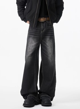 牛仔裤男cleanfit美式高街猫须水洗做旧痞帅宽松直筒弯刀阔腿长裤