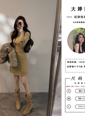 大婷婷 新款连衣裙暗纹印花长袖气质法式加绒修身女装短裙DT1621