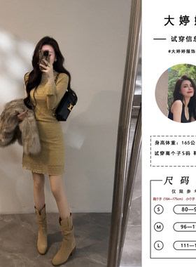 大婷婷 新款连衣裙暗纹印花长袖气质法式加绒修身女装短裙DT1621