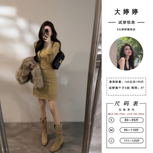 新款 女装 连衣裙暗纹印花长袖 加绒修身 短裙DT1621 气质法式 大婷婷