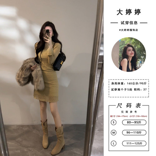 大婷婷 新款连衣裙暗纹印花长袖气质法式加绒修身女装短裙DT1621